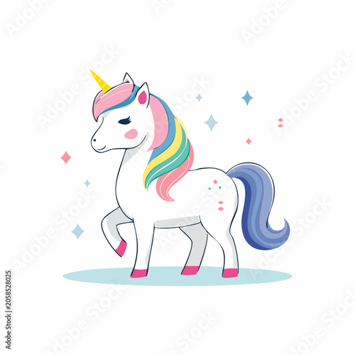 Cute cartoon unicorn with colorful mane and tail