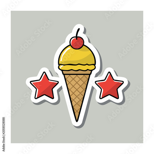 Flat design ice cream cone with cherry and stars