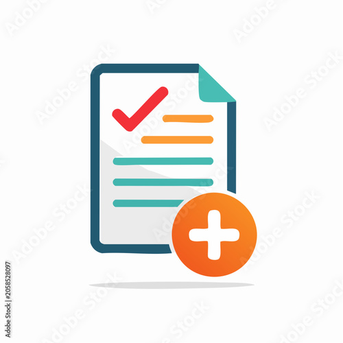 Flat design icon of a document with a checklist and plus sign