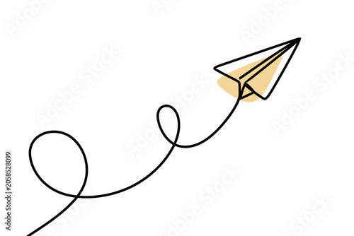 Paper plane flying in a loop, minimalist hand-drawn line art