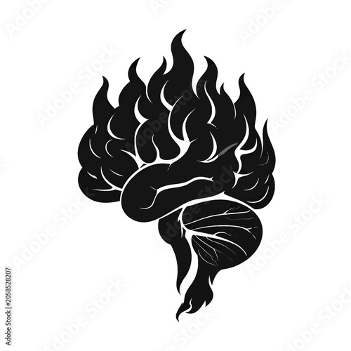 Konstfotografi A black silhouette of a human brain engulfed in stylized flames