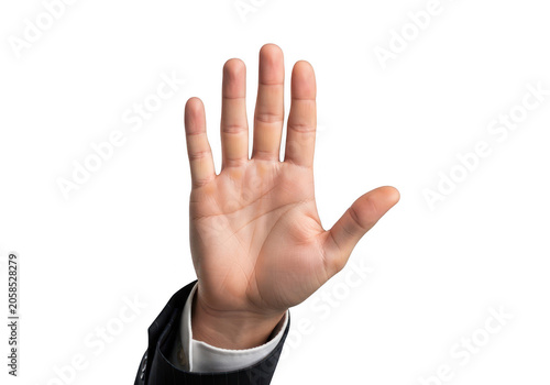 A person in a business suit showing an open palm hand gesture representing a stop or high five sign isolated on transparent background