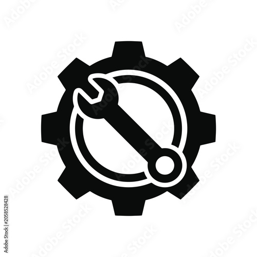 A black gear icon featuring a simple wrench symbol inside it