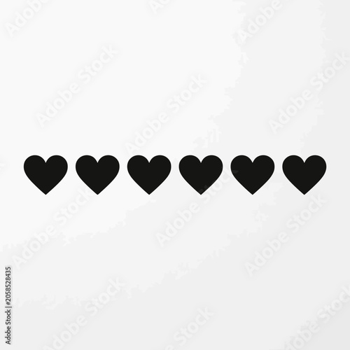 Six solid black hearts arranged in a horizontal line