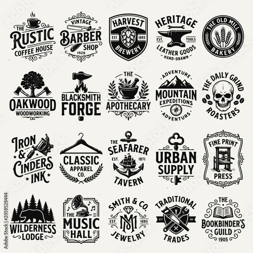 Collection of vintage-style business logos and emblems