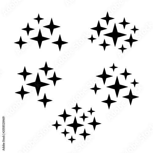 Clusters of stylized star shapes on a white background