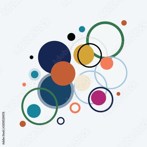 Abstract arrangement of colorful circles and rings on a light background