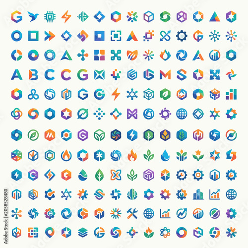 Collection of abstract geometric shapes and icons for branding