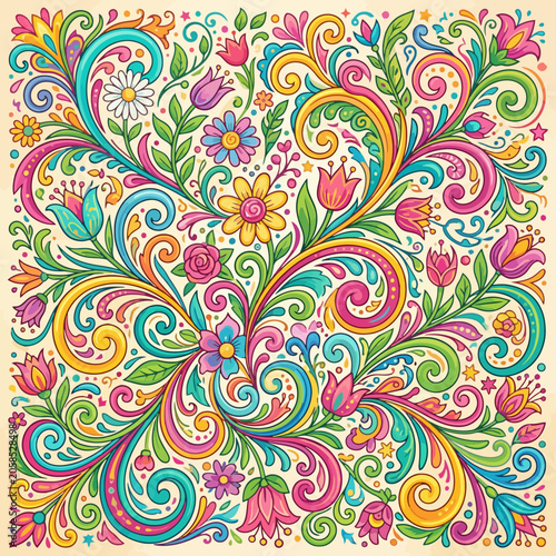 Vibrant floral pattern with swirling organic shapes and bright colors