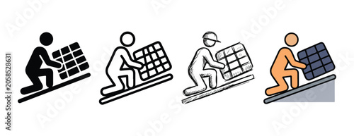 Obraz na plátně Graphic representations of a person carrying and installing a solar panel on an