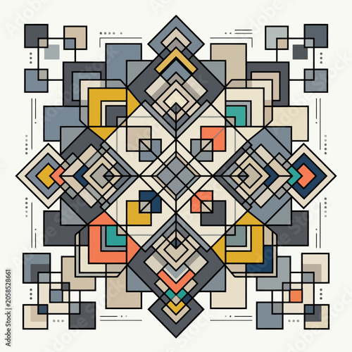 Geometric pattern with squares and lines in a symmetrical design