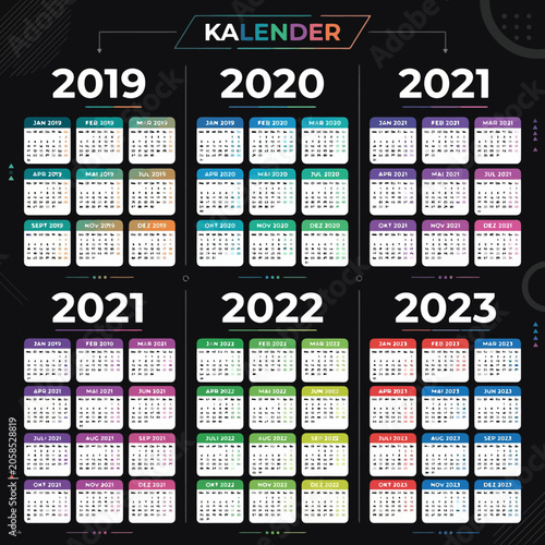 Multiple years displayed with colorful monthly calendars on a dark background