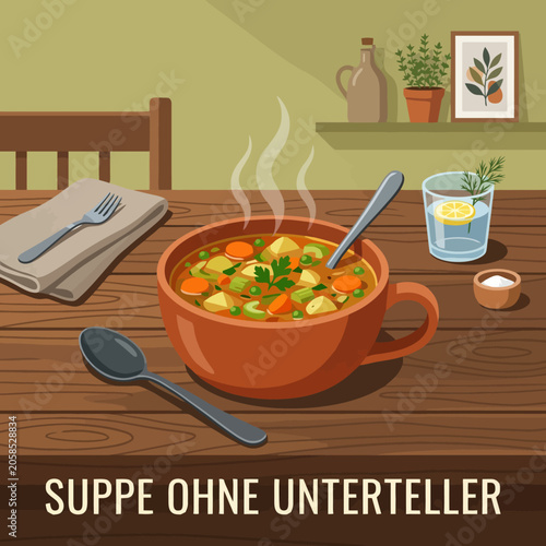 A steaming bowl of hearty vegetable soup sits on a wooden table