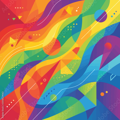 Vibrant abstract flowing shapes with geometric elements and bright colors