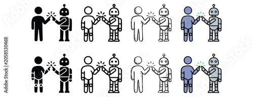 Representing humans and robots interacting showing diverse styles from solid silhouette