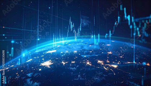 Artificial intelligence analyzing global financial markets with glowing stock charts