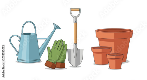 Essential gardening tools set with shovel gloves watering can and clay pots vector illustration