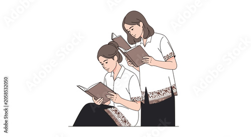 High School Students in Traditional Indonesian Batik Uniform Studying Together