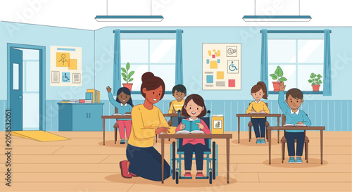 Diverse Elementary School Teacher Helping Group of Children in Inclusive Classroom