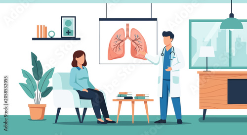 Doctor Explaining Lung Anatomy and Respiratory Health to Female Patient in Clinic