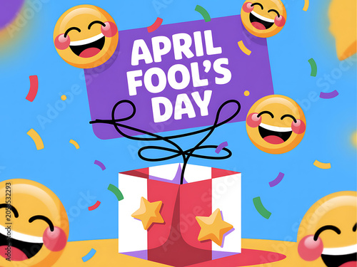 Colorful april fools day celebration with laughing emojis and confetti