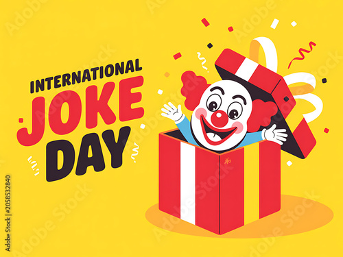 International joke day illustration of a clown jumping out of a gift box on yellow background with confetti