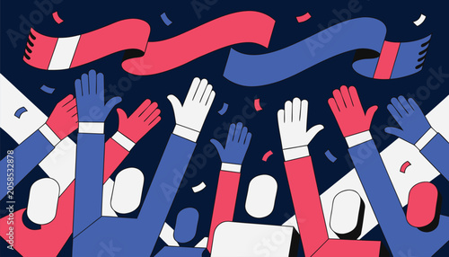Bilde på lerret Celebration with raised hands and colorful ribbons