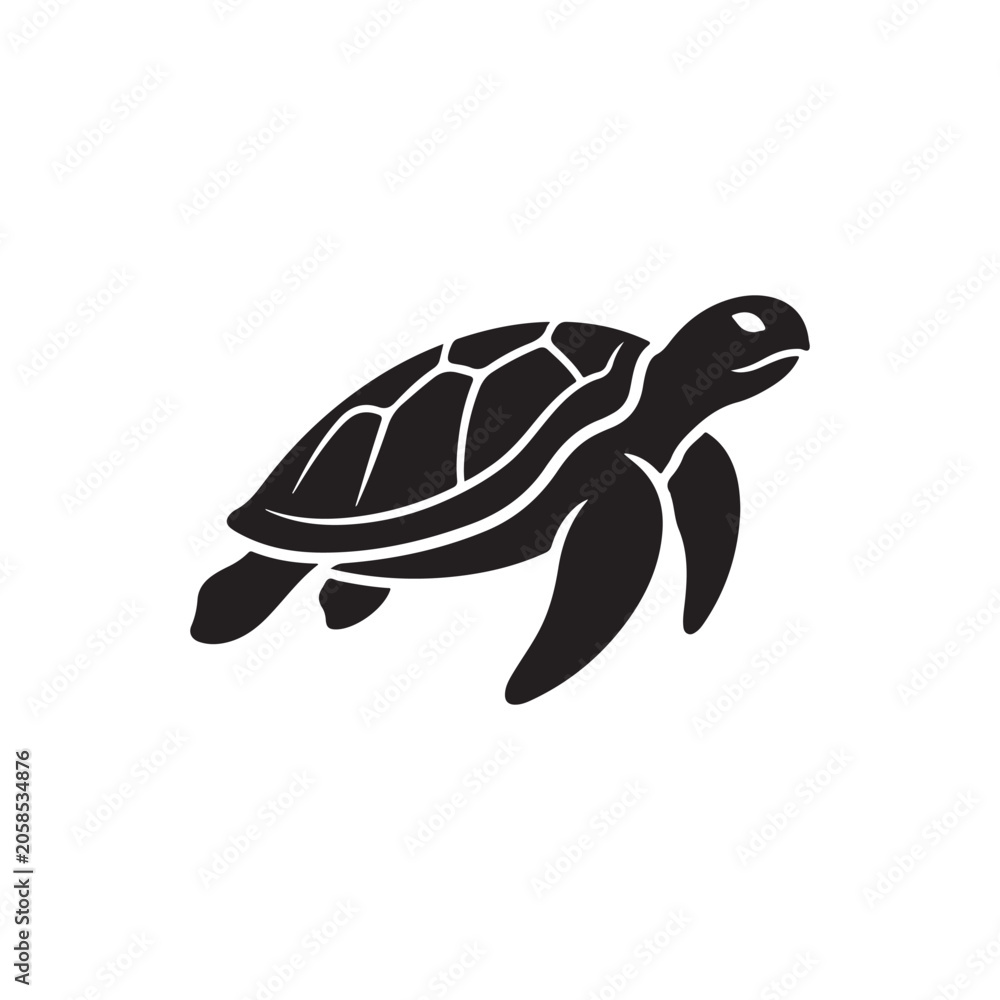 Fototapeta premium Black and white of a sea turtle swimming, isolated on a white background, simple flat shape of a marine reptile