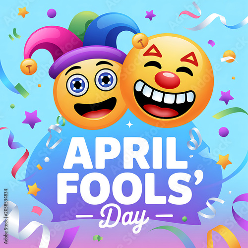 Colorful april fools day emojis with confetti and ribbons on light blue background