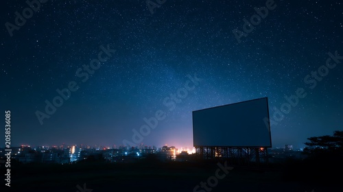 Large blank outdoor cinema screen under starry night sky.