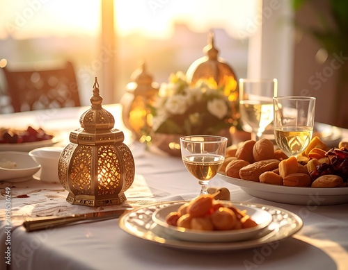 A table set with food, drinks, and decor