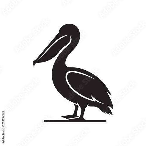 Black silhouette of a standing pelican bird with a large beak, isolated on a white background, for nature and, wildlife themed