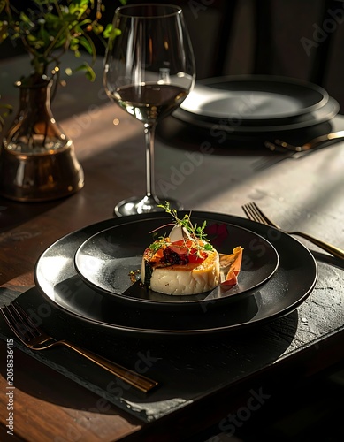 A table setting with a plate of food and a glass of wine (5)