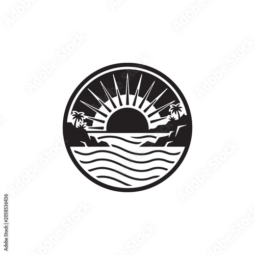 Circular badge featuring a sunset over ocean waves with palm trees and rocky cliffs on the sides isolated on a white background