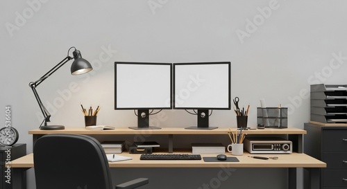 A clean and organized dual monitor workstation setup on a modern desk, ideal for productivity and focused work.