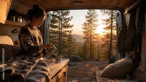 Moment calme en van amenage au lever du soleil