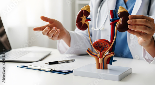 Doctor demonstrates urinary system model with kidneys bladder and ureters medical anatomy