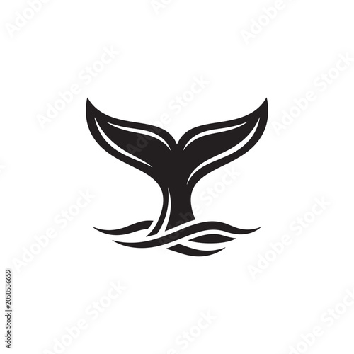 Detailed black and white of a whale tail splashing in ocean waves isolated on a plain white background