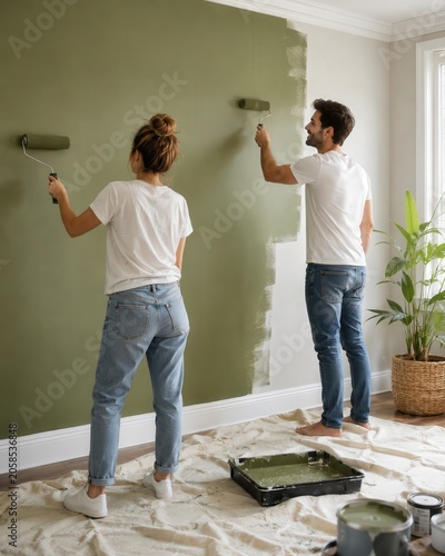Couple peignant un mur vert dans leur maison