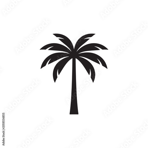 Flat black silhouette of a tropical palm tree, isolated on a white background, for summer, beach, and travel concepts