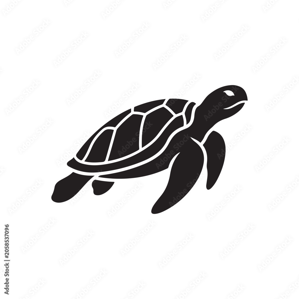 Fototapeta premium Minimalist black silhouette of a swimming sea turtle, isolated on a white background, marine life for nature branding