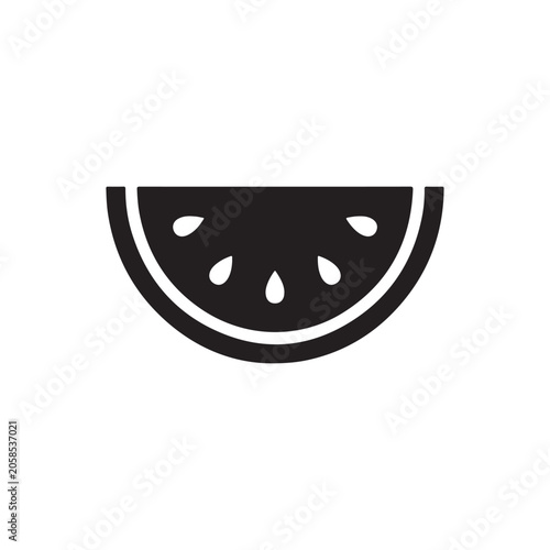Minimalist black and white of a watermelon slice with seeds arranged in a semi-circle isolated on a plain white background