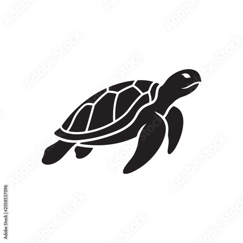 Minimalist black silhouette of a swimming sea turtle, isolated on a white background, marine life for nature branding