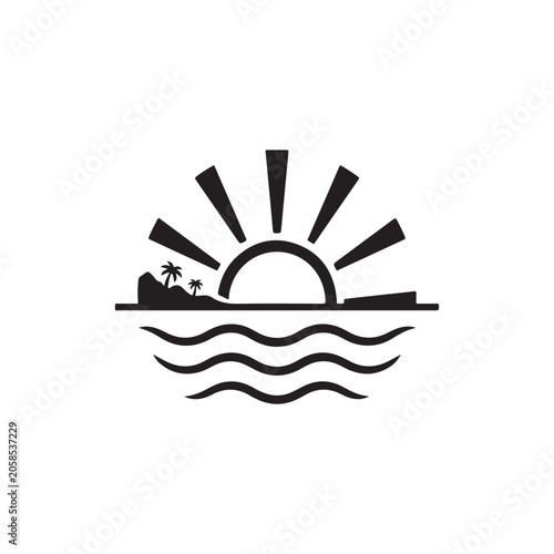 Minimalist sunset over ocean waves with a small island and palm trees silhouette isolated on a plain white background