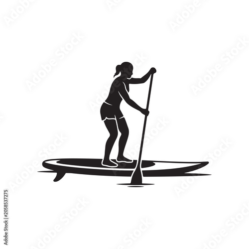 Silhouette of a woman standing on a paddle board holding an oar, isolated on a white background, flat for water sports