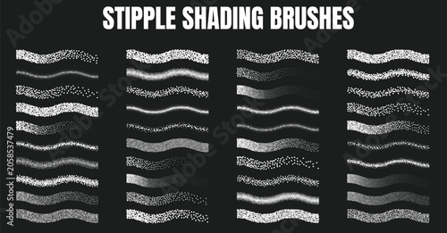 Foto Stipple shading brushes vector set with white grain dot gradient textures on bla