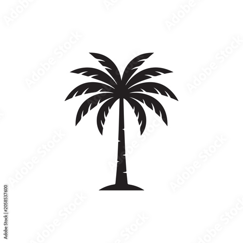 Simple black silhouette of a single tropical palm tree, isolated on a white background, flat for summer and beach themes