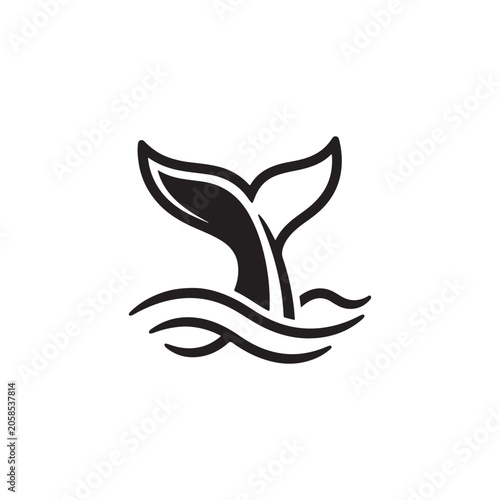 Stylized black and white of a whale tail emerging from ocean waves isolated on a plain white background