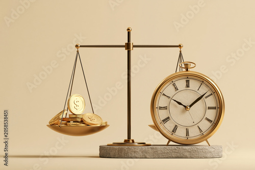 Balance Scale Weighing Coins Versus Clock, Time and Money Tradeoff Concept, Minimal Illustration, Wa
