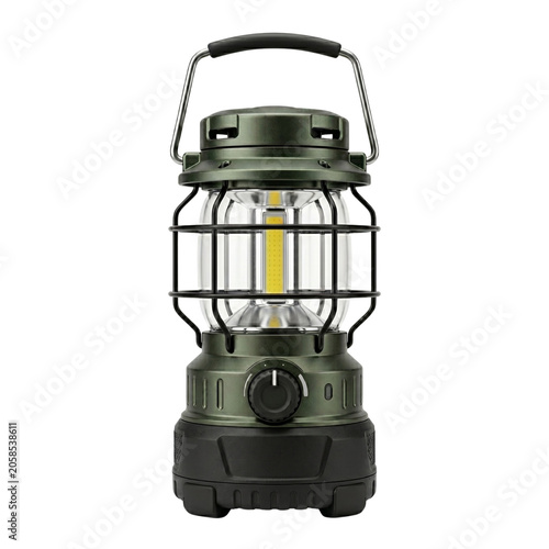 Modern green LED camping lantern with protective cage and carry handle.